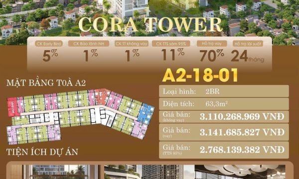 CORA TOWER – A2-18-01 | 2BR+ TẦNG CAO – VIEW ĐÀI PHUN NƯỚC