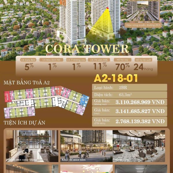 CORA TOWER – A2-18-01 | 2BR+ TẦNG CAO – VIEW ĐÀI PHUN NƯỚC