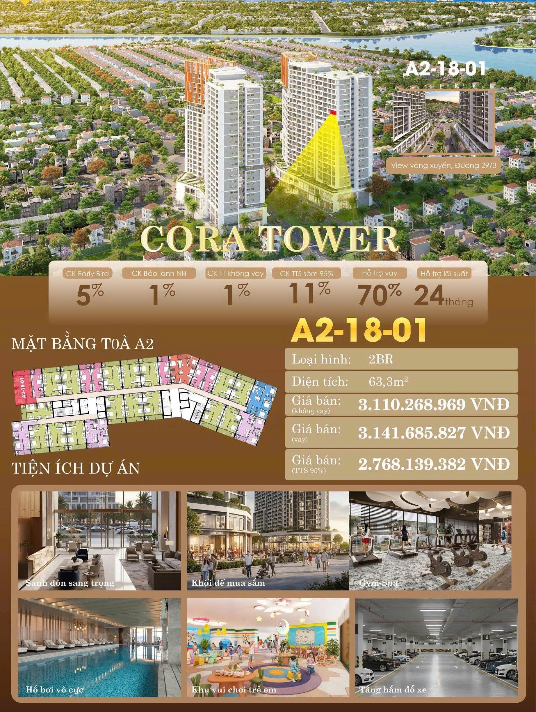 CORA TOWER – A2-18-01 | 2BR+ TẦNG CAO – VIEW ĐÀI PHUN NƯỚC