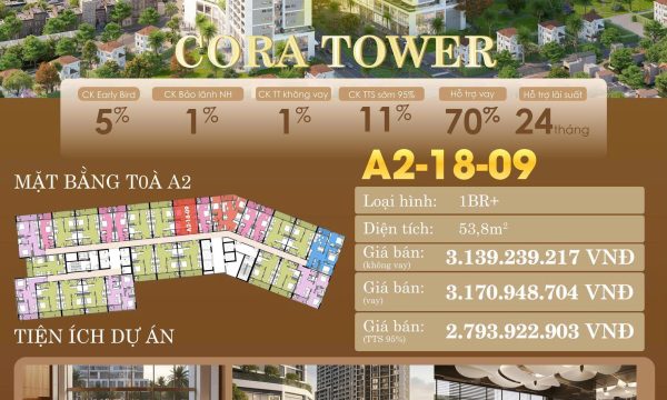 CORA TOWER – A2-18-09 | 1BR+ TẦNG CAO – VIEW ĐÀI PHUN NƯỚC