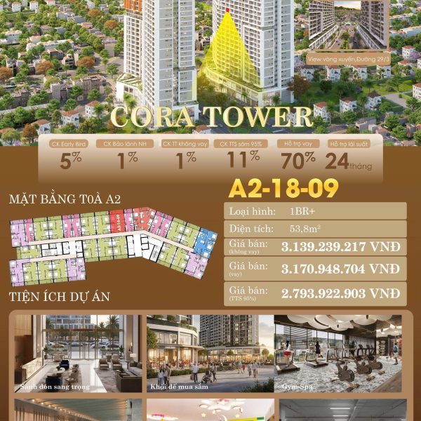 CORA TOWER – A2-18-09 | 1BR+ TẦNG CAO – VIEW ĐÀI PHUN NƯỚC